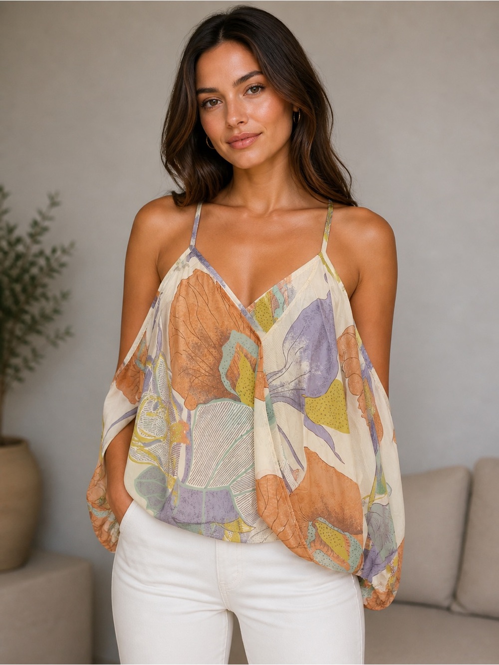 Audrey 3+1 Sheer Floral Multicolored Blouse Shirt Size Small.